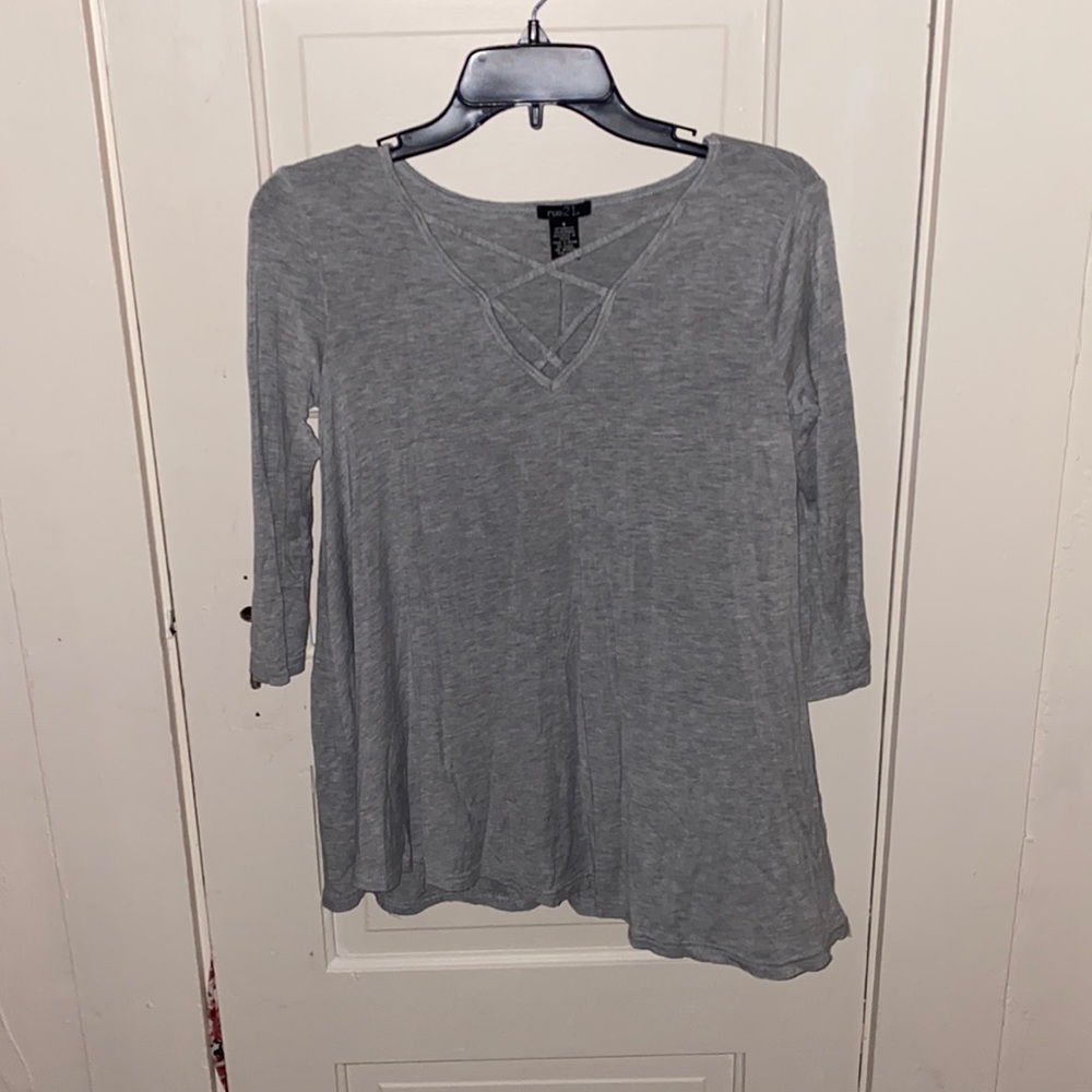 Grey and soft, chest is front crossed